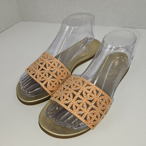 Vince Camuto Eveera Sandals 8 WIDE Gold/Coral Slip On Rhinestone Slides Sandals